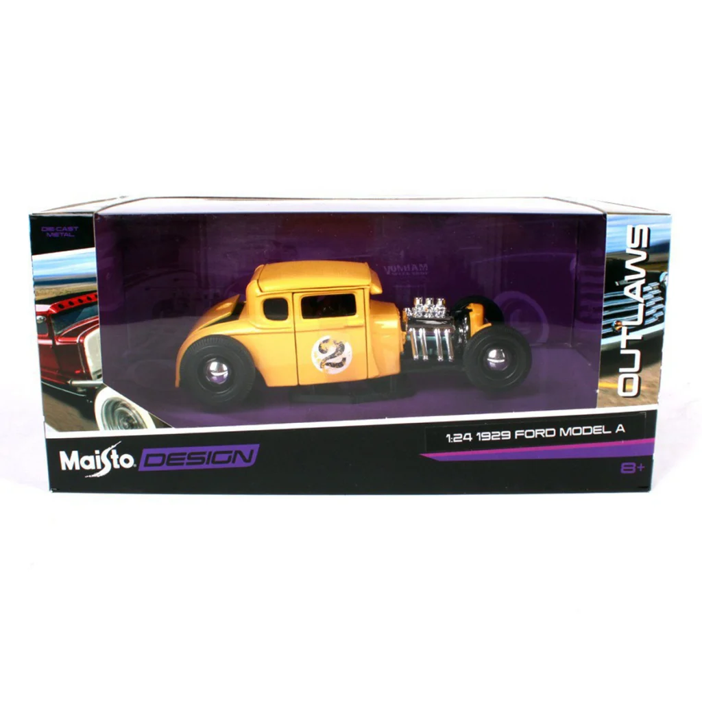 Maisto tarafından üretilen 1929 Ford Model A 1:24 ölçek diecast metal model araba, klasik Ford tasarımını detaylı metal gövde yapısıyla yansıtmaktadır.